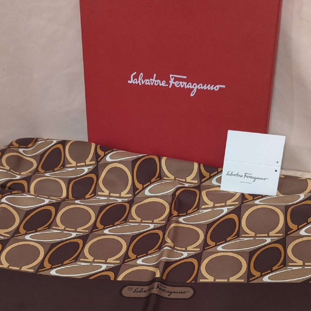 Ferragamo 34 inch Square Silk Brown Tone Logo Scarf